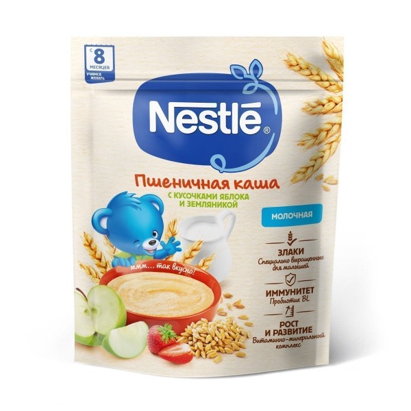 Сухая молочная каша Nestle пшеничная с яблоком и земляникой, 200 г