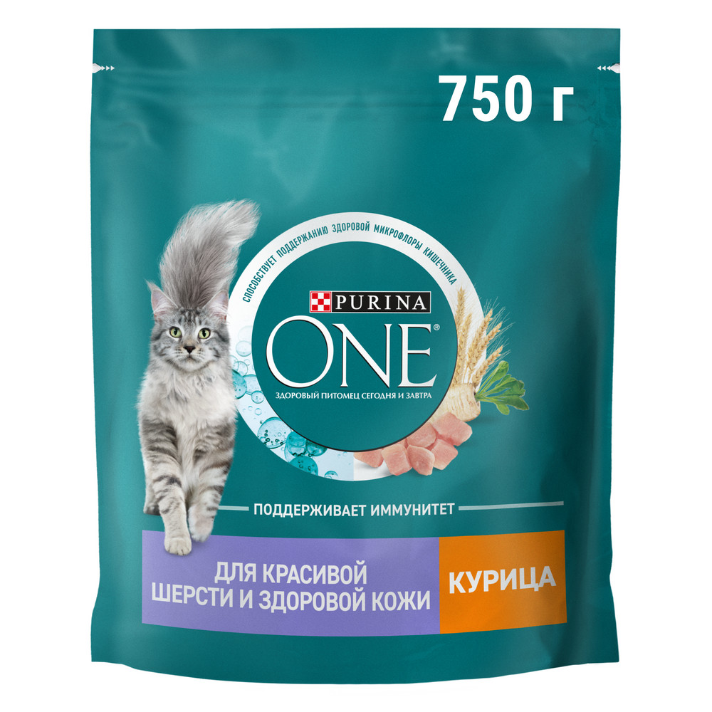 Сухой корм Purina ONE для взрослых кошек для красивой шерсти, здоровой кожи и контроля образования волосяных комков, с высоким содержанием курицы и цельными злаками,750 г