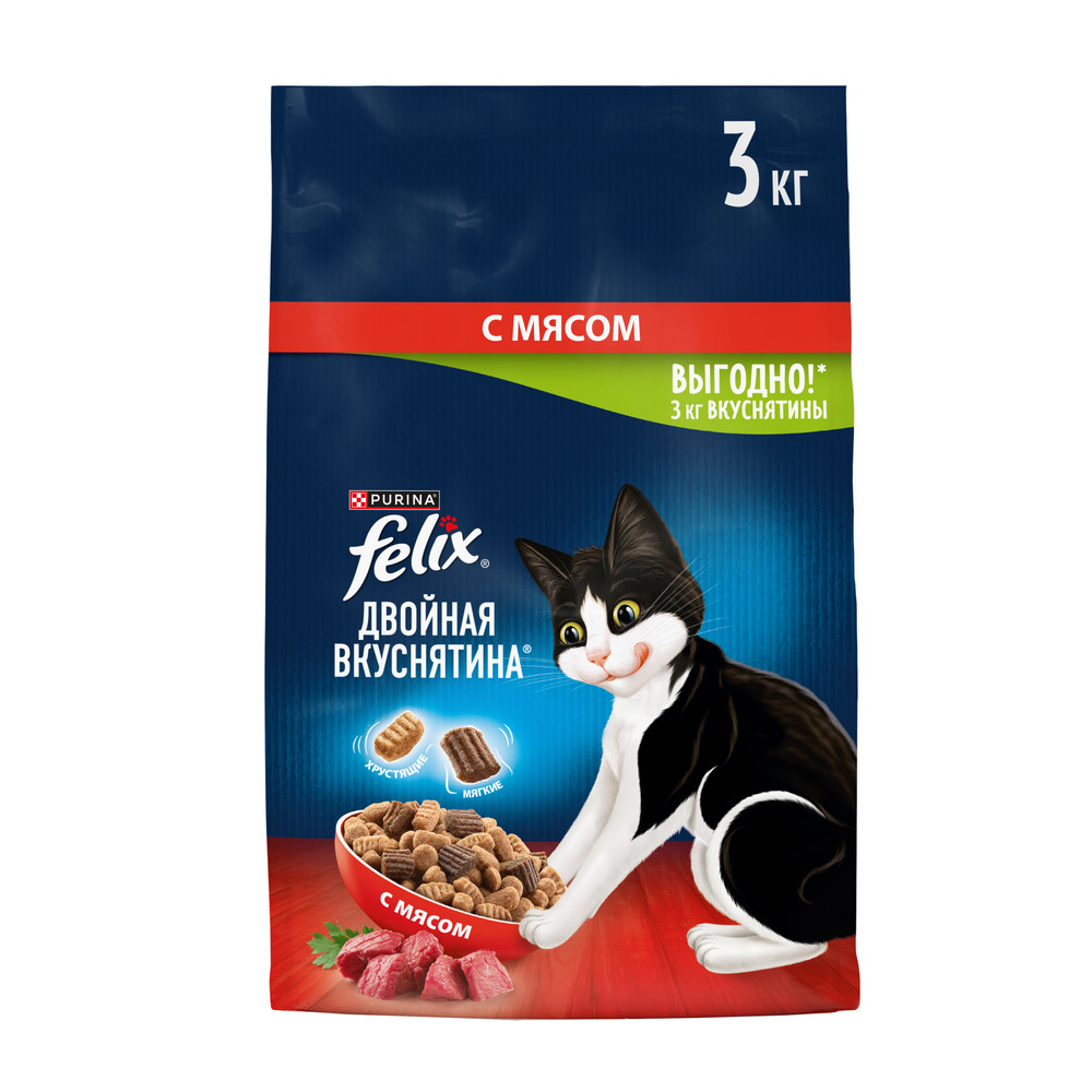 Сухой корм Felix Двойная Вкуснятина для взрослых кошек, с мясом 3 кг