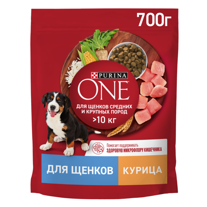 Сухой корм Purina One для щенков средних и крупных пород с курицей и рисом, 700 г