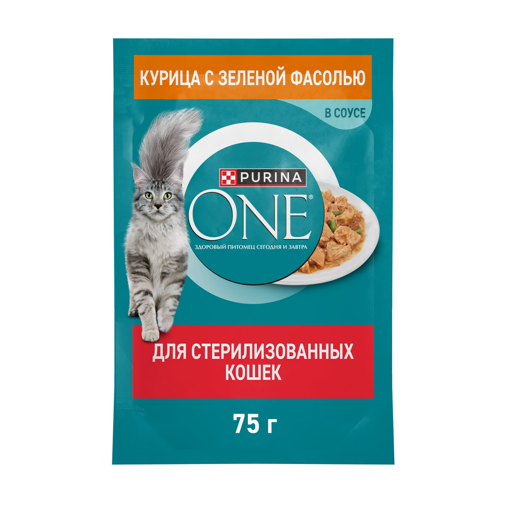 Влажный корм Purina One для стерилизованных кошек и кастрированных котов с курицей и зеленой фасолью, 75 г