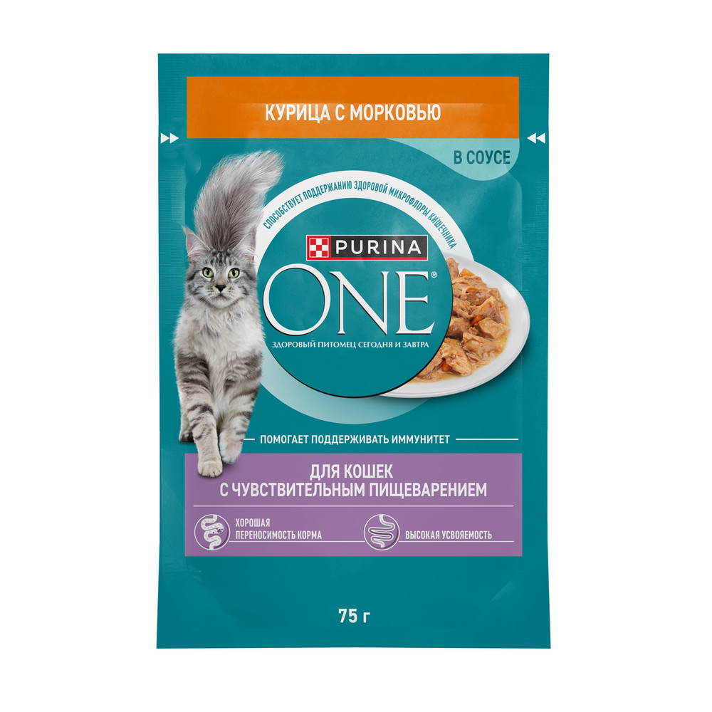 Влажный корм Purina One для кошек с чувствительным пищеварением с курицей высокого качества и морковью, 75 г