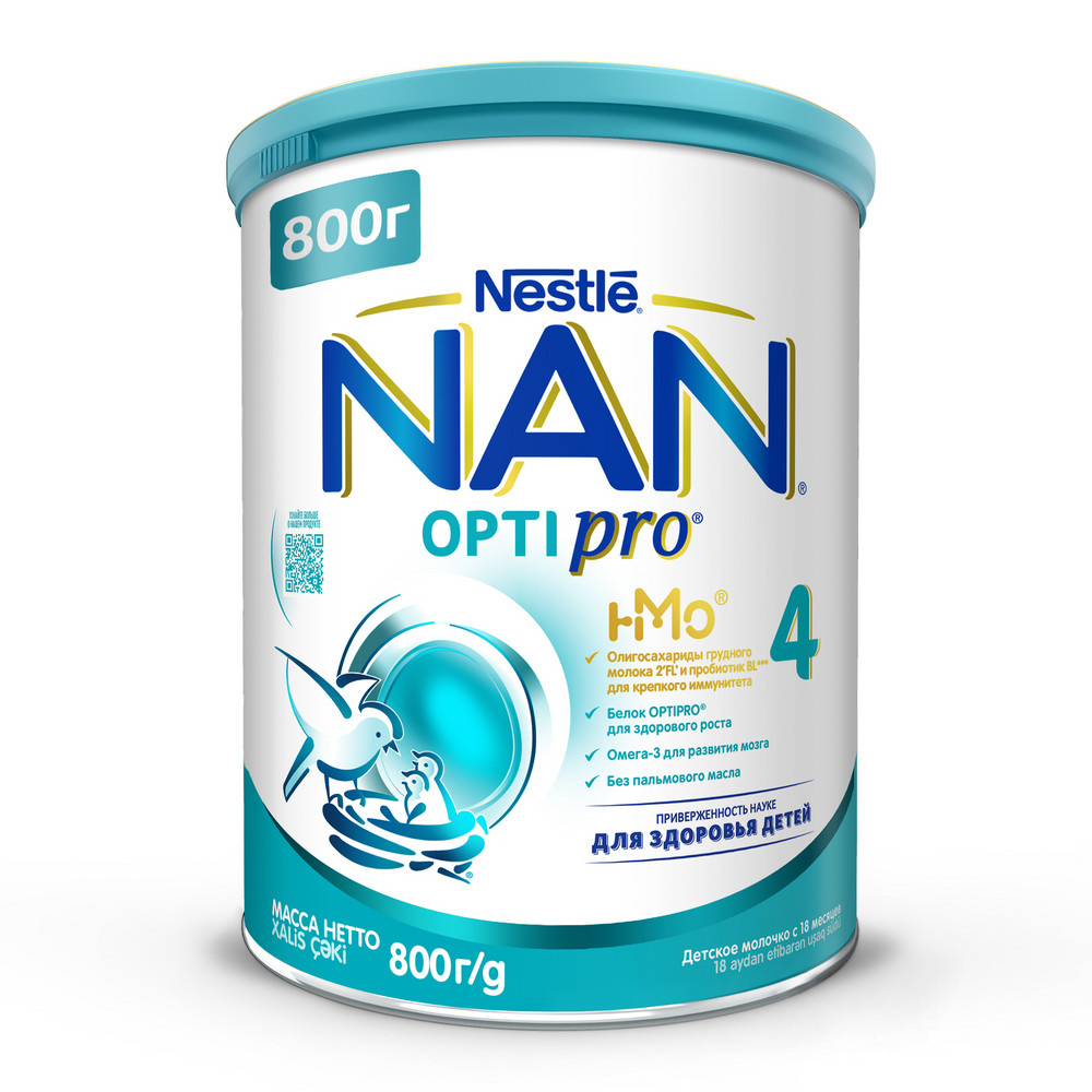 Напиток молочный сухой быстрорастворимый NAN 4 OPTIPRO Детское молочко c олигосахаридами 2`FL и пробиотиками B. lactis c 18 месяцев, 800г. 