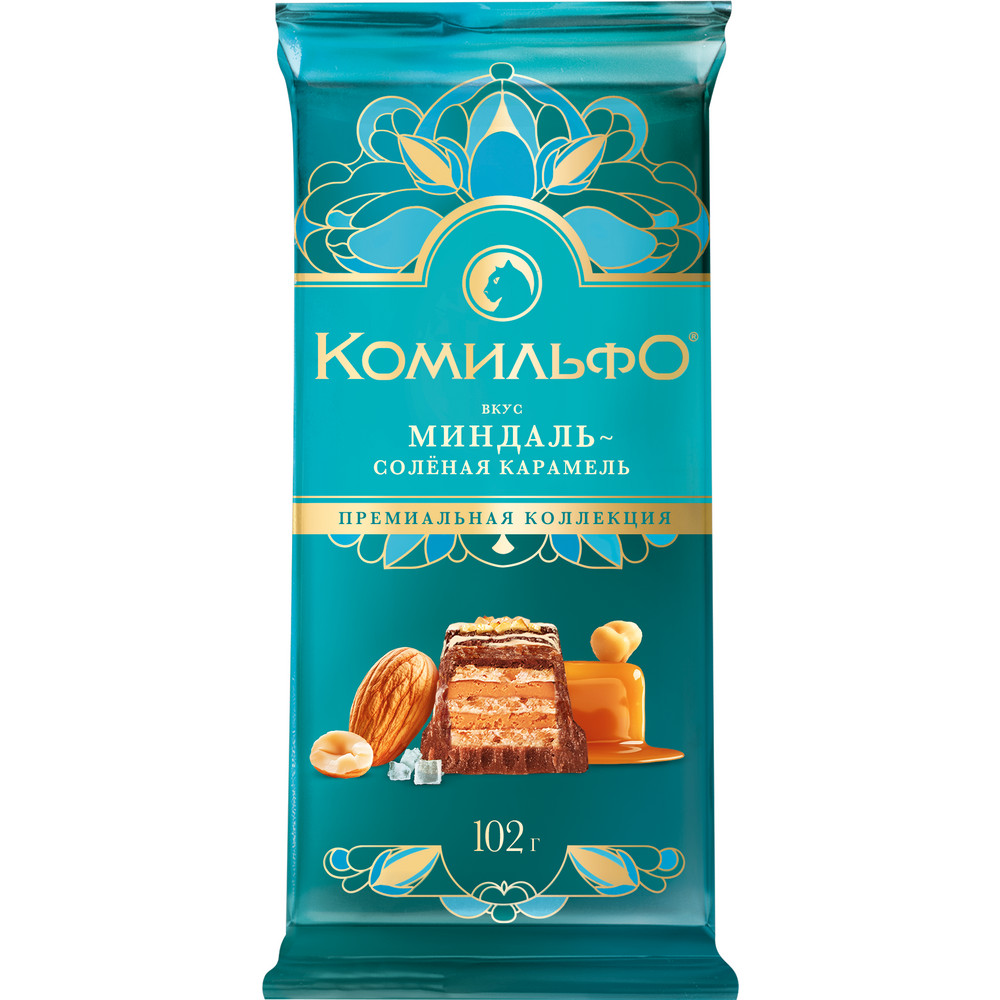 Шоколад Комильфо. Молочный и белый шоколад с вафлей, со вкусами миндаля и солёной карамели, декорированный миндалём и арахисом, 102гр 