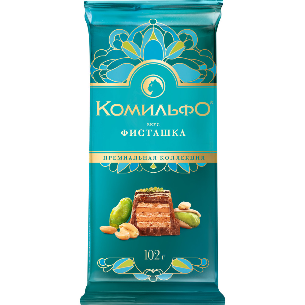 Шоколад Комильфо. Молочный и белый шоколад с вафлей, со вкусом фисташки, декорированный фисташкой и арахисом, 102гр 