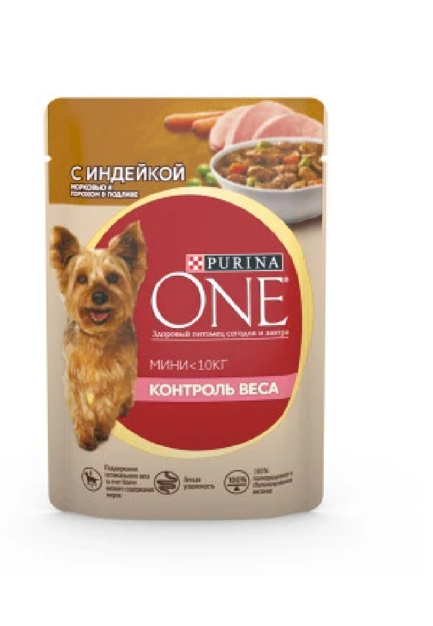 Влажный корм Purina ONE МИНИ Контроль веса для взрослых собак мелких пород , с индейкой, морковью и горохом в подливе 85 гр