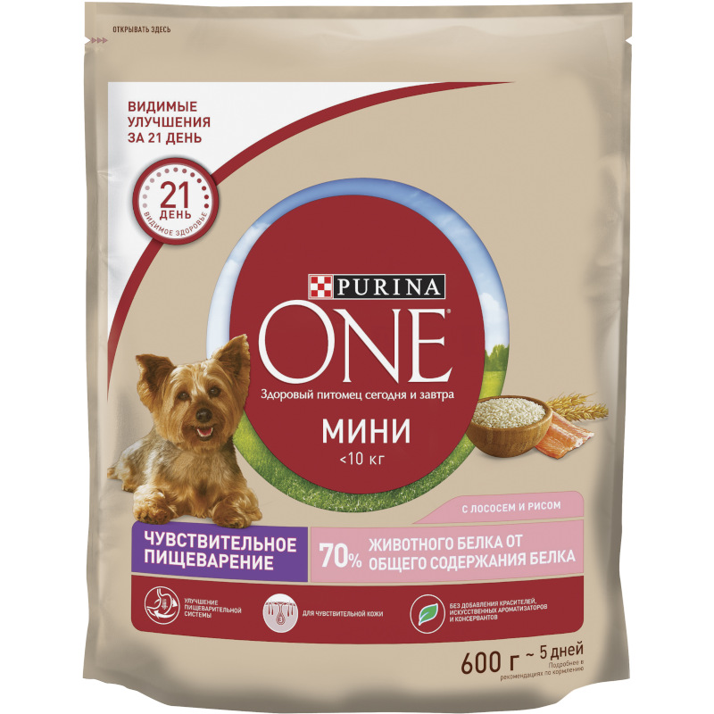 Сухой корм Purina One для собак мелких пород с чувствительным пищеварением с лососем и рисом, 600 г