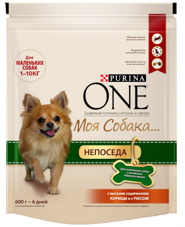 Сухой корм Purina One Моя Собака Непоседа для маленьких собак c активным образом жизни с курицей и рисом, 600 г