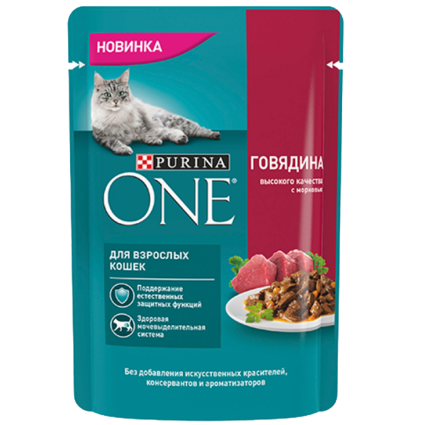 Влажный корм Purina One для домашних кошек с говядиной и морковью, 75 г