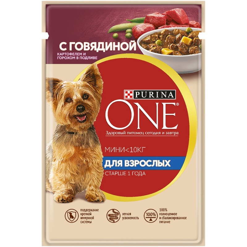 Влажный корм для взрослых собак Purina One Mini с говядиной картофелем и горохом  85 г