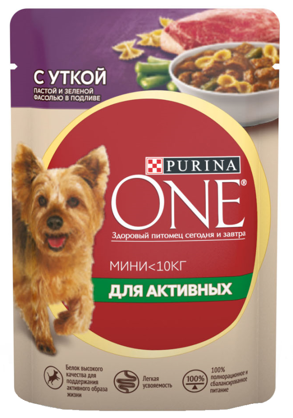 Влажный корм Purina One Mini для взрослых активных собак мелких пород с уткой, пастой и зеленой фасолью в подливе, 85 г