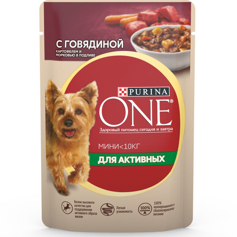 Влажный корм Purina One Mini для активных собак мелких пород с говядиной, картофелем и морковью в подливе, 85 г