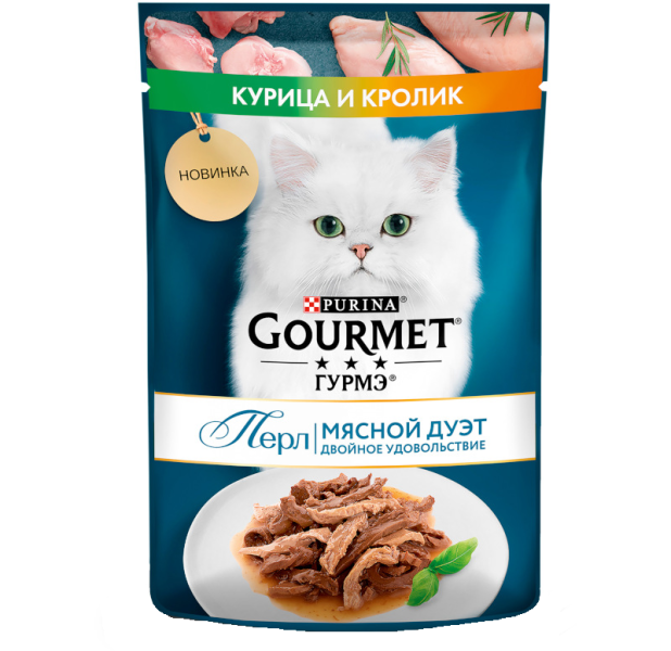 Влажный корм Gourmet Мясной Дуэт для взрослых кошек с курицей и кроликом в соусе, 75 г