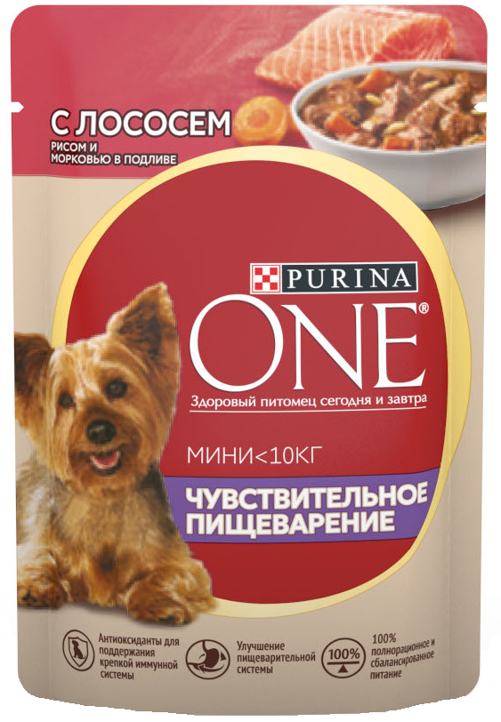 Влажный корм Purina One Mini для взрослых собак мелких пород с чувствительным пищеварением с лососем, рисом и морковью в подливе, 85 г