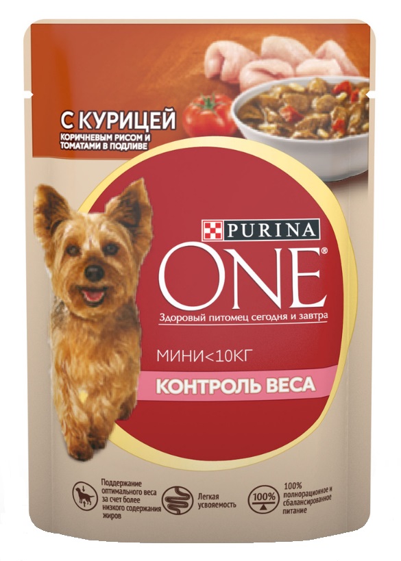 Влажный корм Purina One Мини для взрослых собак мелких пород с курицей, коричневым рисом и томатами в подливе, 85 г