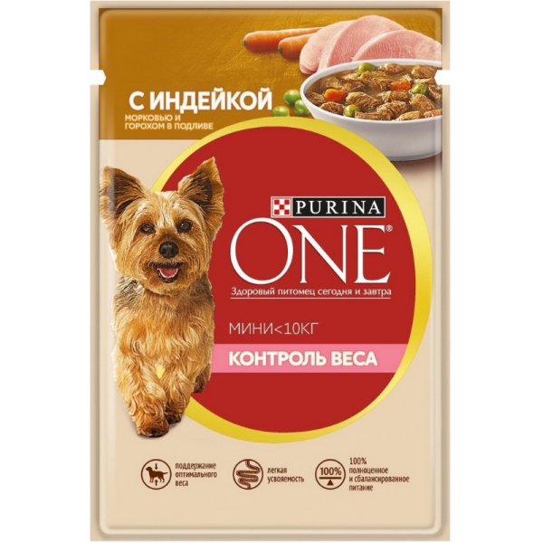 Влажный корм Purina One Mini Контроль Веса для собак мелких пород с индейкой, морковью и горохом в подливе, 85 г