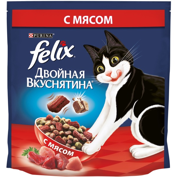 Сухой корм Felix Двойная вкуснятина для домашних кошек   с мясом, 1,3 кг