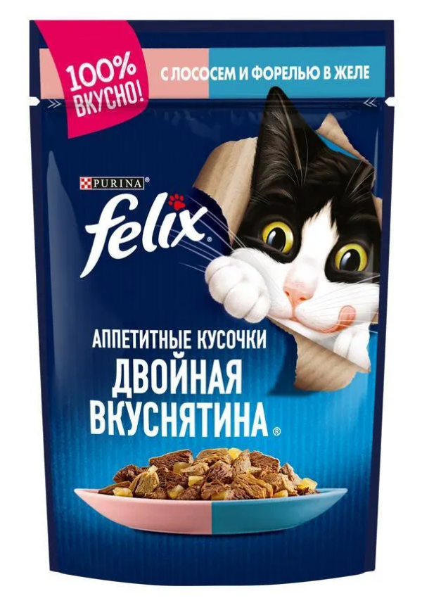Влажный корм Felix Аппетитные кусочки Двойная вкуснятина для кошек с лососем и форелью, 75 г