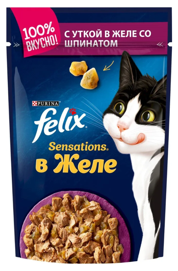 Влажный корм Felix Sensations для взрослых кошек с уткой и шпинатом в желе, 75 г