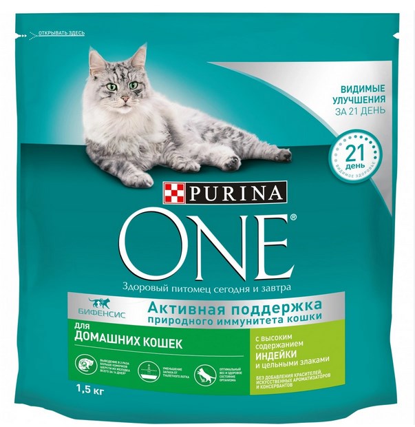 Корм сухой Purina One для домашних кошек, с индейкой и цельными злаками, 1,5 кг